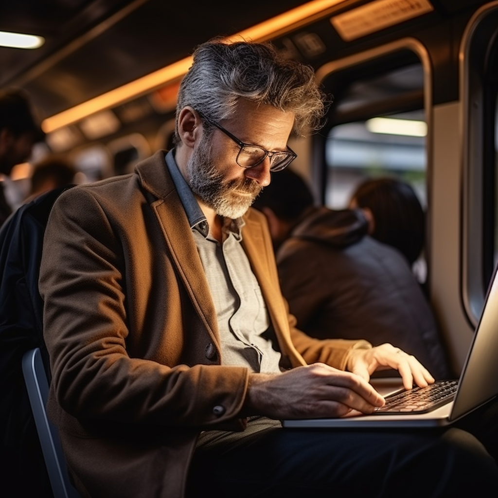 NFCOM - Télétravail - Homme travaillant dans le métro sur son ordinateur